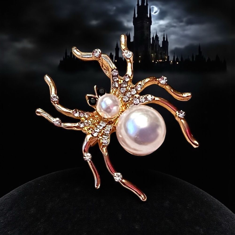 Gold Crystal Spider Pearl Accent Brooch